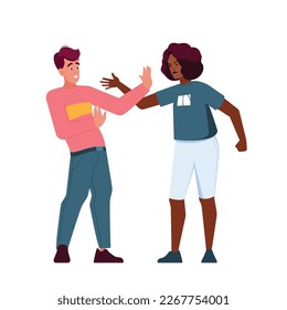 Couple Quarrel With Raised Voices. Man and Woman Characters Shouting At Each Other with Tense Emotions, Hands Gestures And Facial Expressions Show Anger And Annoyance. Cartoon Vector Illustration