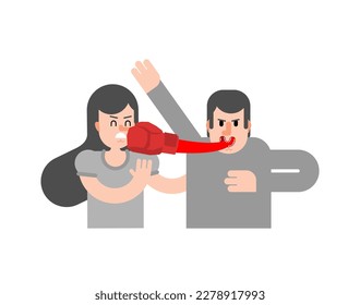 Couple quarrel. Tongue is like boxing glove. Hitting with words. Concept swearing and quarrel between lovers