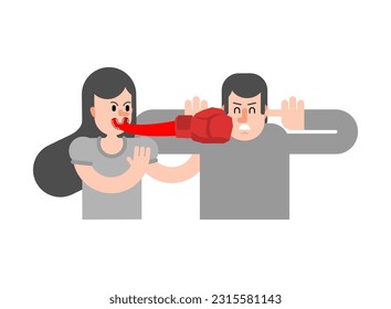 Couple quarrel. Tongue is like boxing glove. Hitting with words. Concept swearing and quarrel between lovers