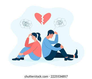 Pareja en disputa. Un hombre y una mujer infeliz sentados a la espalda y sufriendo. El corazón roto encima de ellos. Problemas de relación, separación, divorcio, conflictos, malentendidos y crisis en la familia.