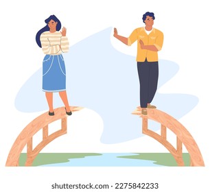 Couple quarrel vector. Conflicts between husband and wife illustration. Man and woman standing on broken bridge. Concept of divorce, disagreement, relationship troubles and misunderstanding in family