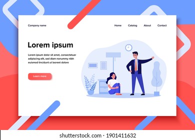 Couple quarreling with each other at home. Angry man asking crying woman to leave him, pointing at door flat vector illustration. Conflict, abuse concept for banner, website design or landing web page