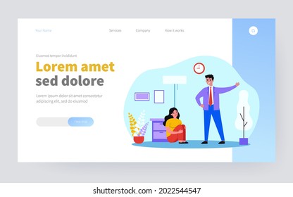 Couple quarreling with each other at home. Angry man asking crying woman to leave him, pointing at door flat vector illustration. Conflict, abuse concept for banner, website design or landing web page