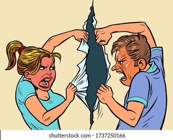 The couple is quarreling. Husband and wife are in conflict. Comics caricature pop art retro vector illustration drawing