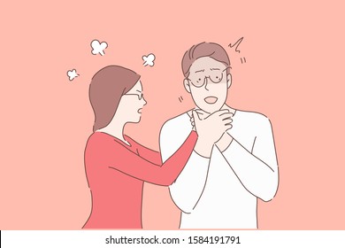 Couple quarreling, relationship conflict or angry girlfriend concept. Irritated woman gripping boys throat. Mad woman nervous about colleague, punishing bad behavior. Simple flat vector