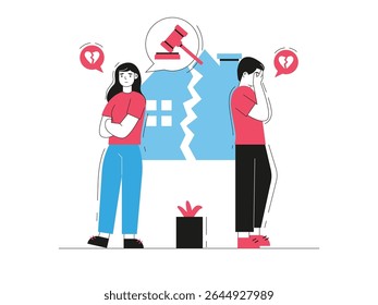 Um casal está brigando, querendo o divórcio porque eles são difíceis um com o outro. Design de caracteres. Ilustração em plano vetorial
