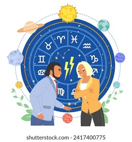 El juego de peleas de pareja que muestra el signo zodiaco no coincide con la ilustración del vector. Un hombre y una mujer furiosos se casaron con la familia gritando que tenían problemas con la relación. Conflicto interno y astrología