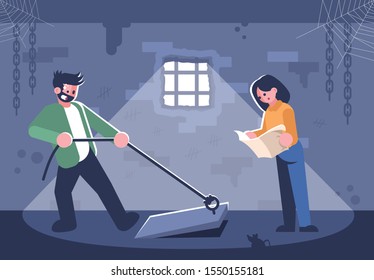 Couple In Quest Room Flat Vector Illustration. Young Woman Reading Map, Man Opening Basement Door Cartoon Characters. Friends In Escape Room Searching Exit. Modern Entertainment, Logic Game