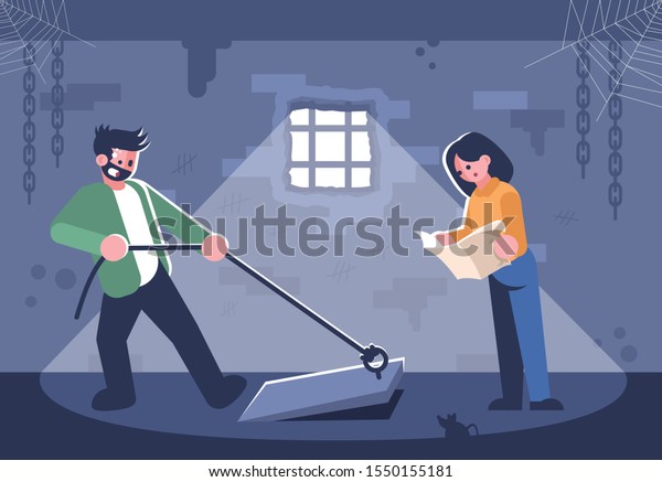 Couple in quest room flat vector illustration. Young\
woman reading map, man opening basement door cartoon characters.\
Friends in escape room searching exit. Modern entertainment, logic\
game