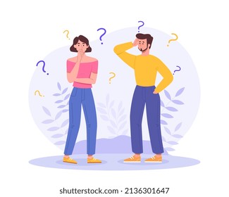 Couple with question marks concept. Disappointed man and woman think, ask, doubt and look for answers. Solving problems and overcoming difficulties in relationships. Cartoon flat vector illustration