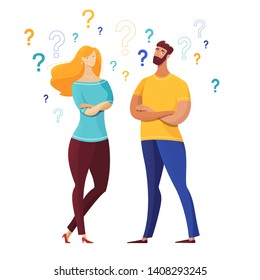 Couple with question marks vector illustration. Cartoon man, woman having secrets isolated characters. Confused friends, husband, wife asking questions, finding answers, solutions to problems