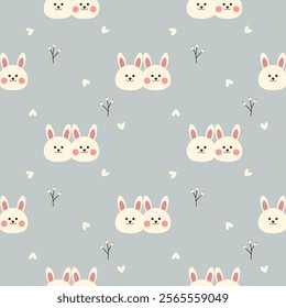 Couple rabbit cartoon so cute. On heart background. Pattern seamless vector illustration. 