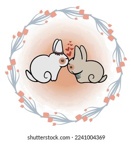 Couple Rabbit with Floral Round Wreath Romantic for Valentines Day Celebration Vector Graphics 04