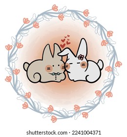 Couple Rabbit with Floral Round Wreath Romantic for Valentines Day Celebration Vector Graphics 02