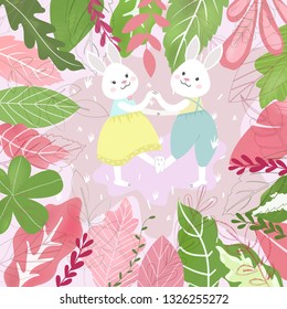 couple rabbit having fun in sweet  forest,a lover bunny dancing in green and pink jungle,illustration vector comic art for any card.
