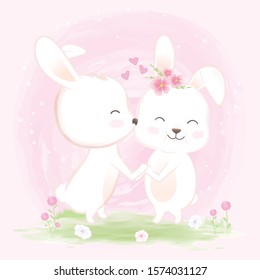 Couple rabbit hold one's hands with love hand drawn cartoon watercolor illustration on pink