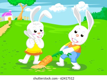 couple rabbits and big carrot vector