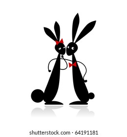 Couple of rabbits, black silhouette for your design