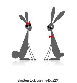 Couple of rabbits, black silhouette for your design
