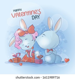 A couple of rabbits and bunnies. Bunny kisses a rabbit on the cheek. Around gift boxes. Valentine's day greeting card used for print design, banner, poster, flyer template