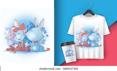 Un par de conejos y conejos. Bunny besa un conejo en la mejilla. Alrededor de cajas de regalo. Afiche y merchandising. Se puede usar para imprimir tarjeta de felicitación de diseño usada para el diseño de impresión, banner