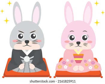 A couple of rabbits in kimono that can also be used for New Year's card design in 2023