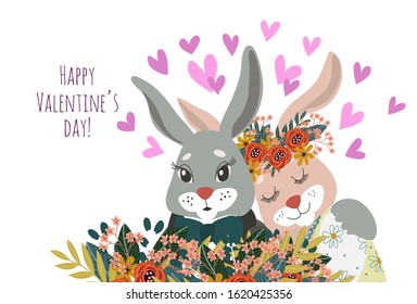 Couple of rabbits in love close-up with flowers and hearts isolated on a white background. Cute hand-drawn vector valentines day card.