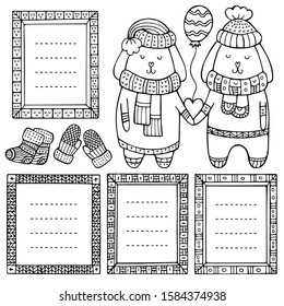 A couple of rabbits in love with heart and balloon in their paws and set of hand-drawn frames. Collection of doodle black winter vector borders isolated on white background. 