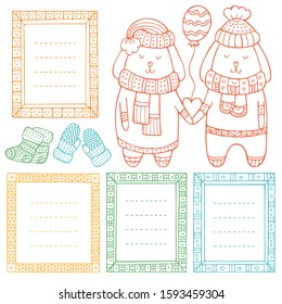 A couple of rabbits in love with heart and balloon in their paws and set of hand-drawn frames. Collection of doodle winter vector borders isolated on white background. 
