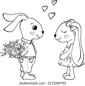 A couple of rabbits in love. Wedding proposal. A cute character. Cartoon style. Children's illustration. Graphic image. Black silhouette on a white background. Clipart.