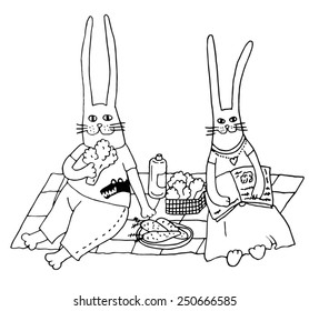 Couple of rabbits on picnic. Hand drawn illustration.