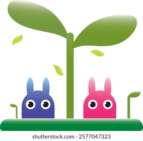a couple of rabbits under a tree 