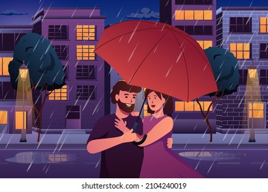 Couple in the rain concept in flat cartoon design. Loving man and woman hugging and walking under umbrella at date in rainy evening at city street. Vector illustration with people scene background