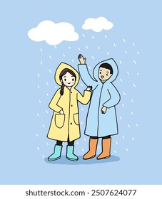 Couple in raining, man and woman wear raincoat and boot. Hand drawn style vector