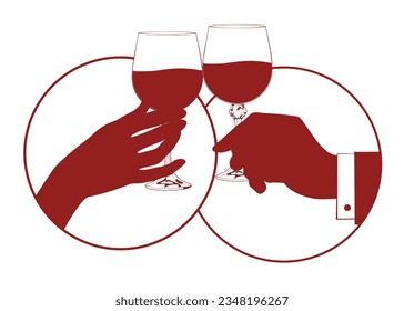 A couple raises a toast with glasses of wine at a family dinner. The hands of friends greeting each other with glasses of wine. Friends cheer each other with glasses of wine. Vector illustration