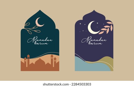 Couple of Ramadan Kareem with Islamic Frame and Modern Boho Style Design