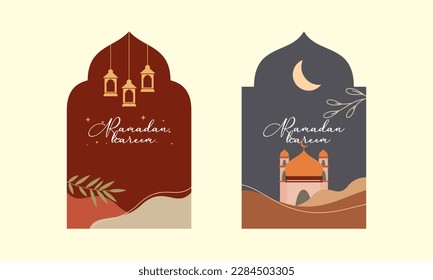 Couple of Ramadan Kareem with Islamic Frame and Modern Boho Style Design