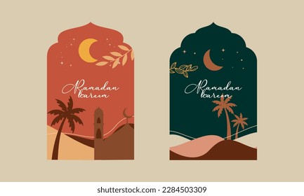 Couple of Ramadan Kareem with Islamic Frame and Modern Boho Style Design