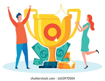 Couple Reaching Financial Goals, Achievements. Winning In Lottery, Competition Flat Vector Illustration. Big Golden Trophy With Target In Middle Cartoon. Great Success, Profit Celebration