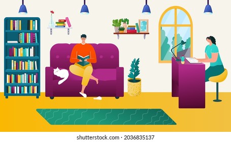 Couple read book at home, vector illustration, flat woman man character sit together in room interior, young happy people reading.