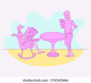 couple read the news trough their newspaper and tablet conceptual illustration style
