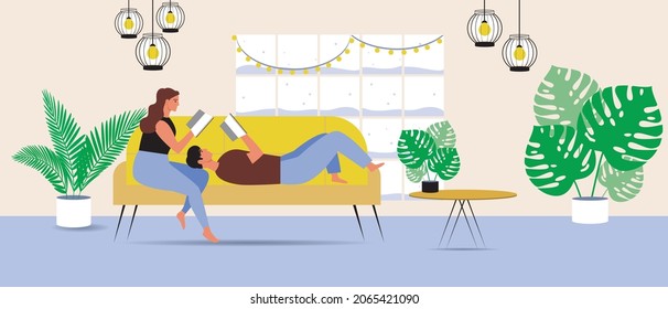 Couple reading a book at home, hygge interior. Flat vector stock illustration. Winter interior. Couple's hobby. Leisure together. Reading as a hobby. Indoor plants at home. Snowfall