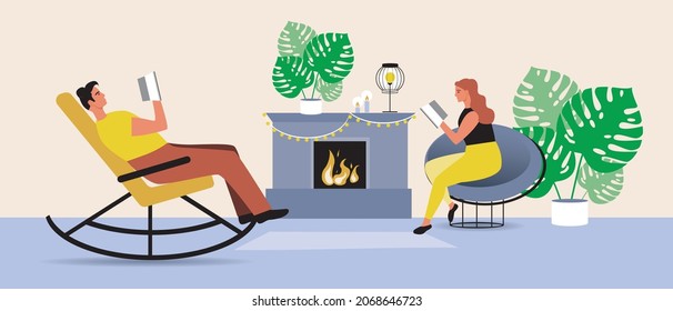 Couple reading a book at home, rocking chair. Flat vector stock illustration. Winter interior with armchair and fireplace. Couple's hobby. Leisure together. Reading as a hobby. Vector graphics