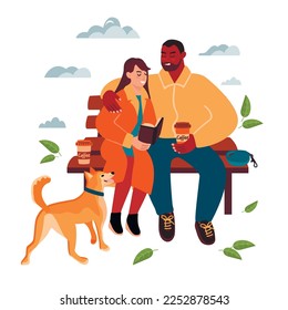 Couple reading book on a park bench.Male and female characters with storybook, coffee and a dog.Family walking the pet.Vector clip art set on white background.Cartoon flat style illustration.