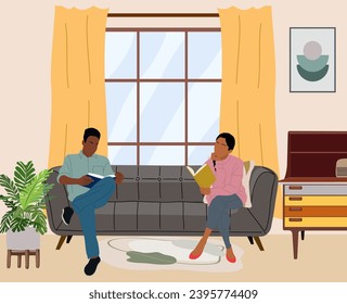 Couple reading books in home living room vector.