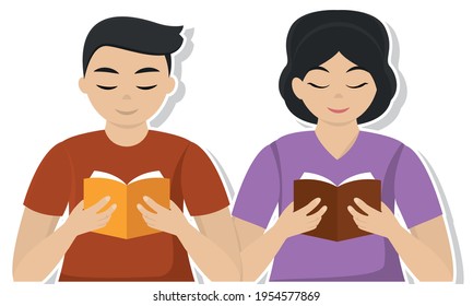 Couple reading books together. Hobbies concept - Vector illustration