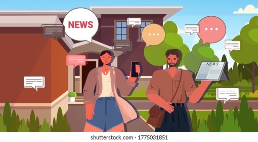 couple reading and discussing daily news chat bubble communication press mass media concept man woman using digital gadgets portrait horizontal vector illustration