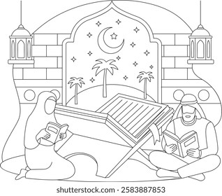 couple reading Illuminated religious Verses vector icon design, Ramadan Eid al-Fitr outline, Muslim fasting month sketch, Arabic holidays illustration, Quranic Recitation on special Qadr night concept