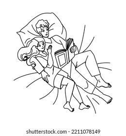 couple reading line pencil drawing vector. woman man, young book, happy lifestyle, home love, family boyfriend, adult together couple reading character. people Illustration