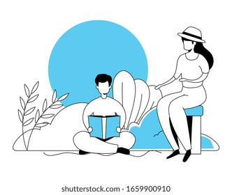 couple reading in park landscape vector illustration design